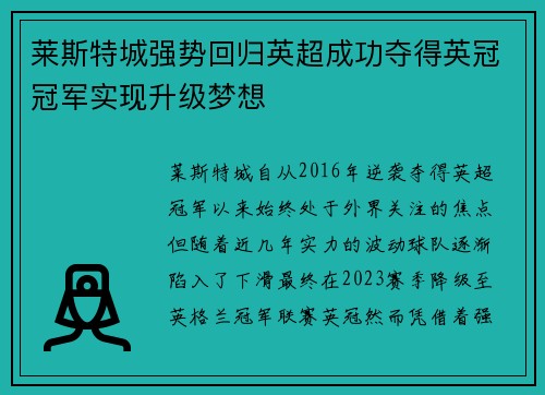 莱斯特城强势回归英超成功夺得英冠冠军实现升级梦想 莱斯特城强势回归英超成功夺得英冠冠军实现升级梦想